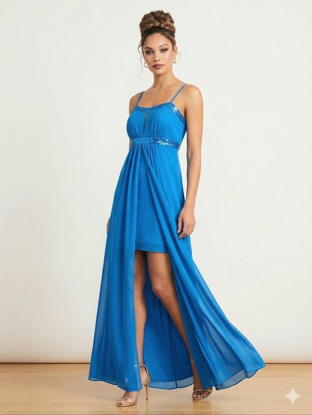 Adrianna Papell Blue Chiffon Front Split Gown Sequin Details AS IS